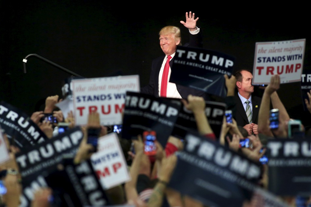 Donald Trump speaks at a campaign event at the Indiana State Fairgrounds in Indianapolis Indiana on April 20