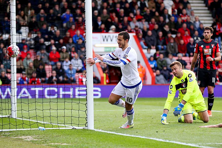 Eden Hazard celebrates after scoring against Bournemouth