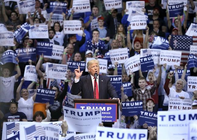 Republican presidential candidate Donald Trump speaks at a campaign rally Monday