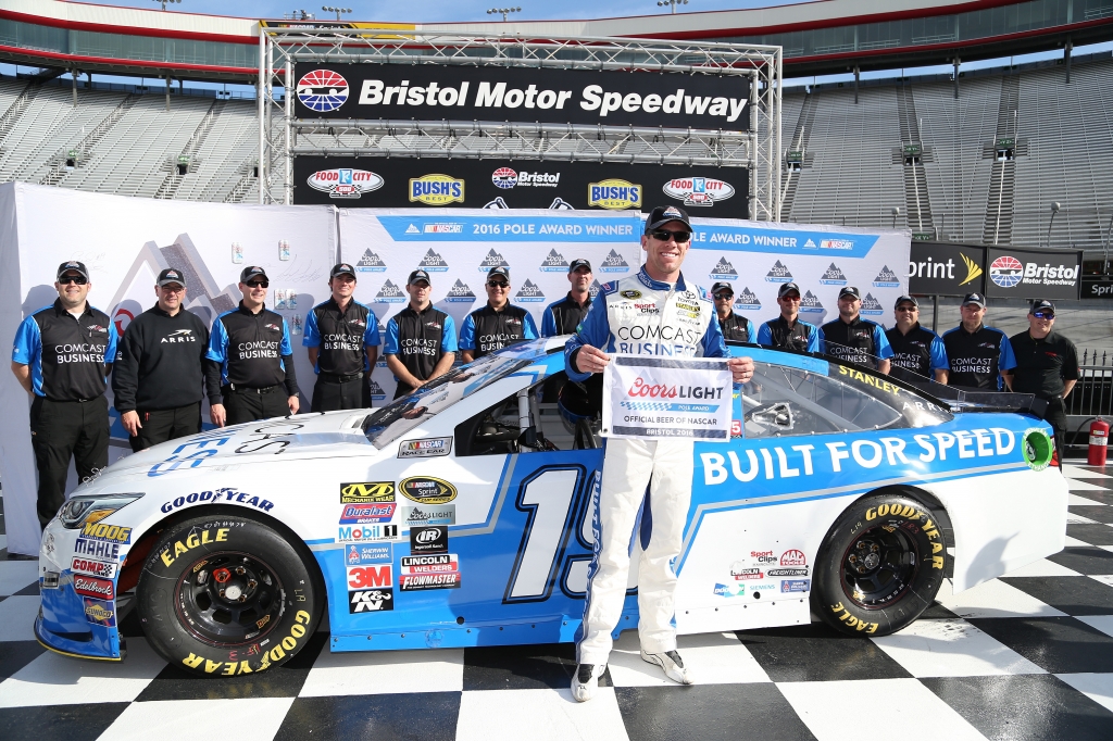 BRISTOL TN- APRIL 15 Carl Edwards driver of the #19 Comcast Business Toyota poses with the Coors Light Pole Award after qualifying for the pole position for the NASCAR Sprint Cup Series Food City 500 at Bristol Motor Speedway