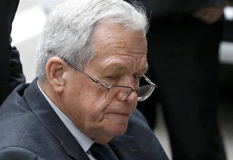 Chicago after his sentencing on federal banking charges which he pled guilty to last year. Hastert was sentenced to more than a year in prison in the hush-mo