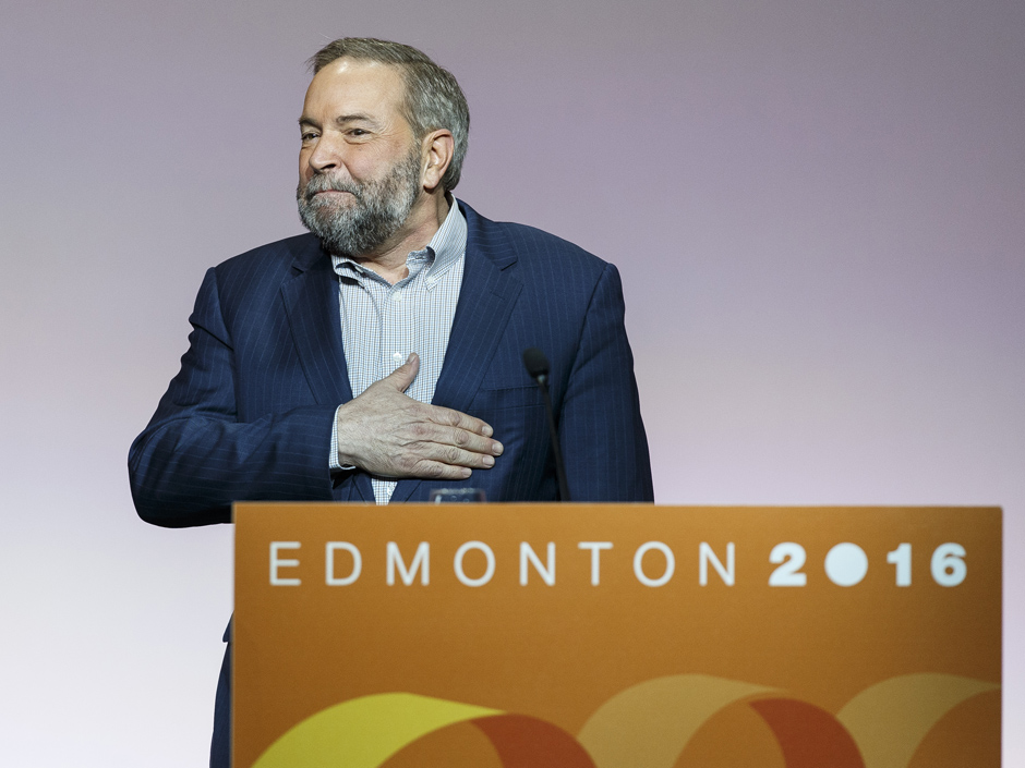 Federal NDP leader Thomas Mulcair speaks during the Edmonton 2016 NDP national convention at Shaw Conference Centre in Edmonton Alta. on Sunday