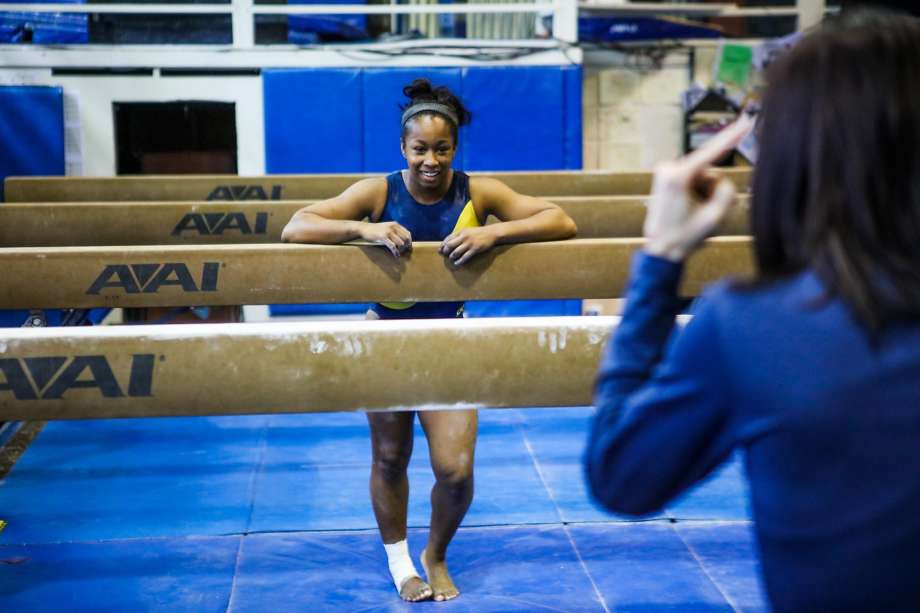 Cal gymnast Toni Ann Williams talks to coach Elisabeth Crandall Howell during practice at UC Berkeley in Berkeley California on Thursday