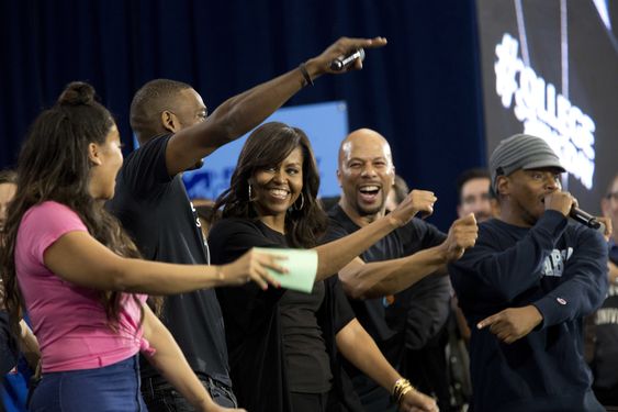 Obama accompanied by from left La La Anthony Jay Pharoah Common and Sway dances on stage during the the 2016 College Signing Day Tuesday