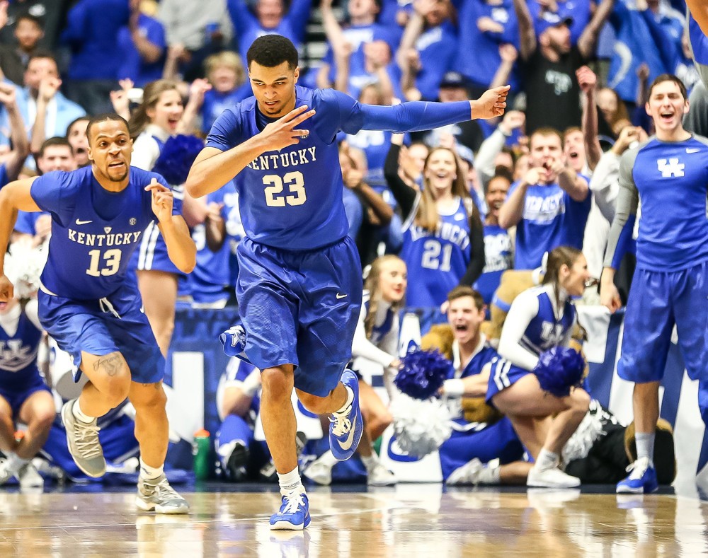 Kentucky Wildcats guard Jamal Murray scores a 3 pointer during the 2016 SEC Basketball Championship Tournament final game between Kentucky and Texas A&M. Kentucky defeated Texas A&M in OT 82-77 at Bridgestone Arena in Nashville TN