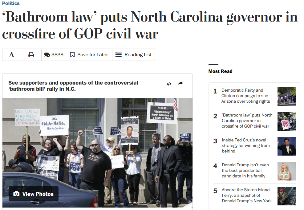 Washington Post ‘Bathroom law’ puts North Carolina governor in crossfire of GOP civil war