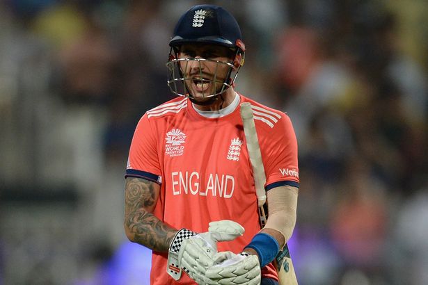 Alex Hales leaves the field after being dismissed by Andre Russell