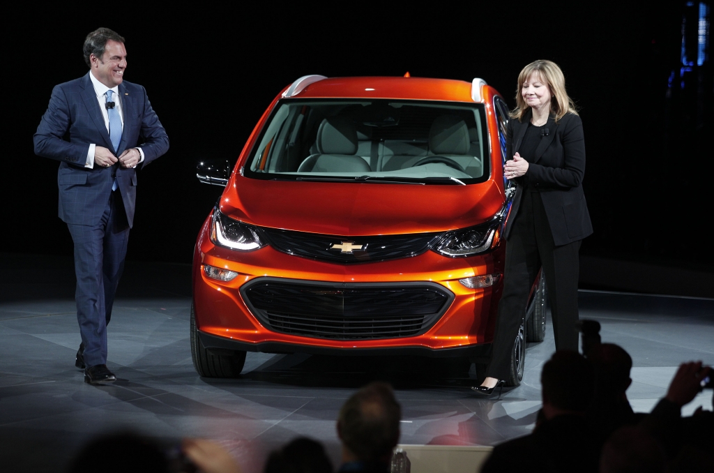 DETROIT MI- Mary Barra Chairman and CEO of General Motors and Mark Reuss Executive Vice President of GM Global Product Development reveal the Chevrolet Bolt EV to the news media at the 2016 North American International Auto Show January 11th 2016