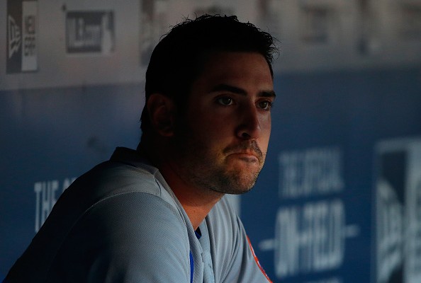 ATLANTA GA- APRIL 22 Matt Harvey #33 of the New York Mets looks on from the dugout in the first inning against the Atlanta Braves at Turner Field