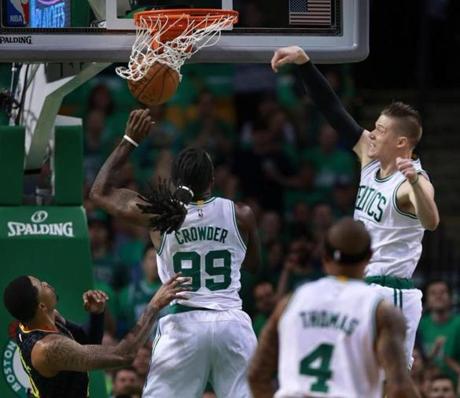 04/22/16 Boston MA The Celtics Jonas Jerebko was pushed into a starting role and he got eh game off with a bang as he slammed home the first two points of the night. The Boston Celtics hosted the Atlanta Hawks in Game Three of an NBA Eastern Conferen