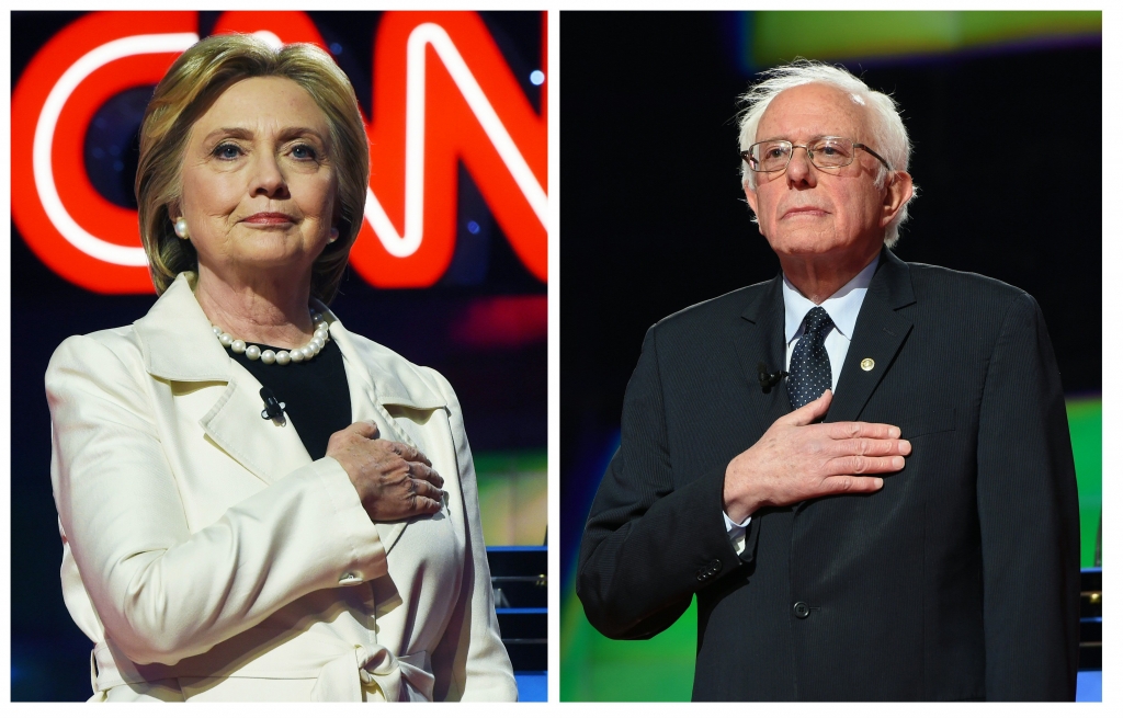 Democratic presidential candidates Hillary Clinton and Bernie Sanders before the CNN Democratic Presidential Debate at the Brooklyn Navy Yard