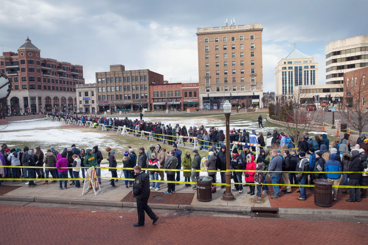 People wait to hear Democratic presidential candidate Sen. Bernie Sanders on Sunday in Wausau Wis. After much prodding from Sanders for a debate ahead of the New York primary on April 19 Hillary Clinton agreed to April 14. But his campaign says it&#8217