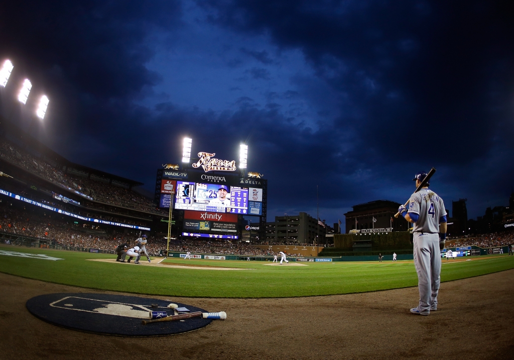 DETROIT MI- MAY 08 Alex Gordon #4 of the Kansas City Royals waits on deck during the fifth inning while playing the Detroit Tigers at Comerica Park