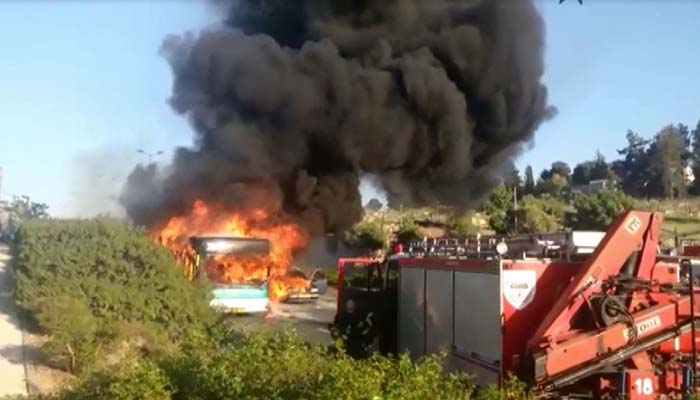 Israeli rescue officials said at least 20 people were injured when a bus exploded and burst into flames in Jerusalem