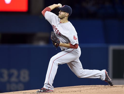 Boston Red Sox&#039 Rick Porcello works against the Toronto Blue Jays during the first inning of a baseball game in Toronto Saturday