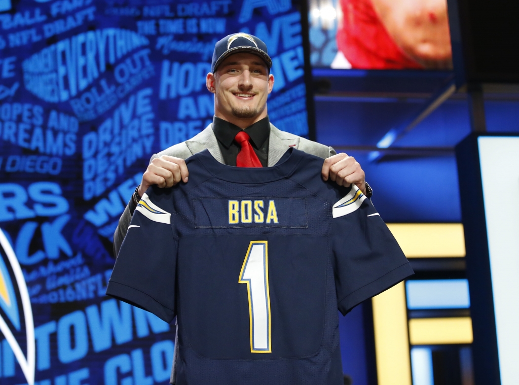 Apr 28 2016 Chicago IL USA Joey Bosa after being selected by the San Diego Chargers as the number three overall pick in the first round of the 2016 NFL Draft at Auditorium Theatre. Mandatory Credit Kamil Krzaczynski-USA TODAY Sports ORG