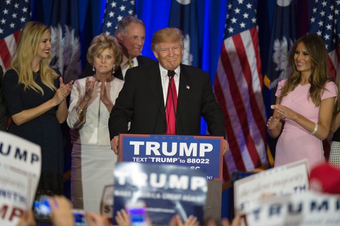 Republican presidential candidate Donald Trump celebrates winning the South Carolina primary in Spartanburg South Carolina