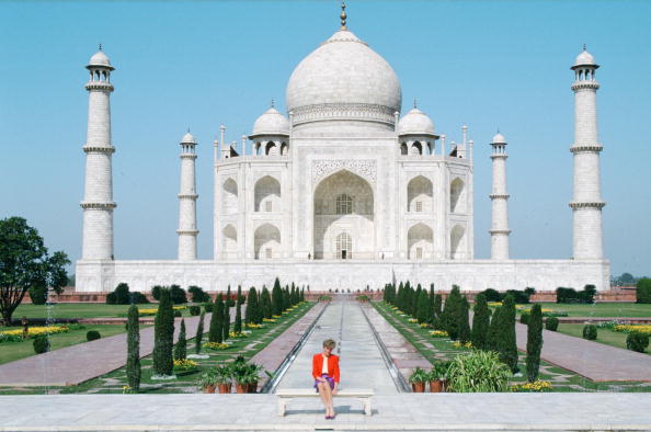 INDIA- FEBRUARY 11 Diana Princess of Wales sits in front of the Taj Mahal during a visit to India