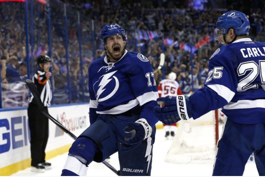 Alex Killorn celebrates after scoring the lone goal of the game propelling the Lightning into the second round