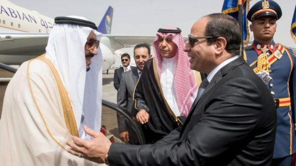 Saudi Arabian King Salman being greeted upon arrival in Egypt by President Abdel Fattah al-Sissi