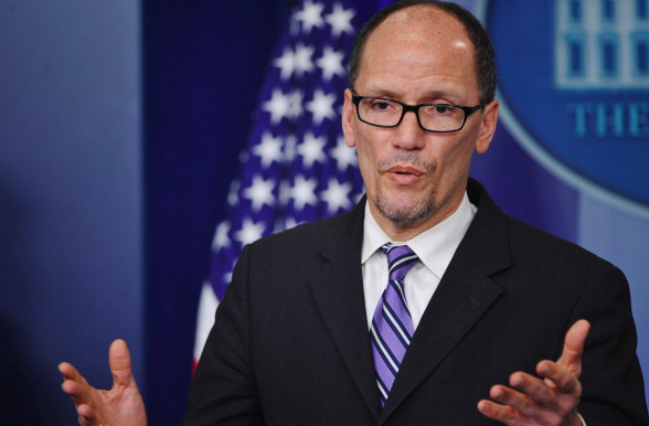 Labor Secretary Thomas Perez speaks to reporters about the minimum wage for federal contractors in the Brady Briefing Room of the White House on Feburary 12 2014. US President Barack Obama signed an executive order Wednesday raising the minimum wage for