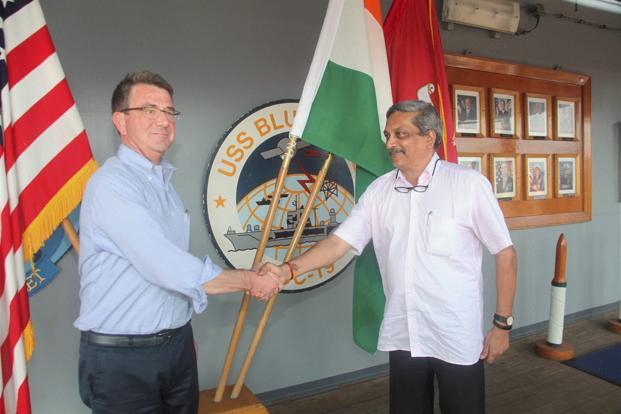 Defence minister Manohar Parrikar greets US defence secretary Ashton Carter during his visit to Naval Base Karwar Karnataka on Monday