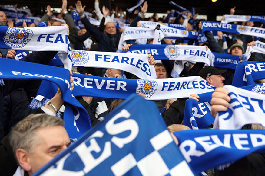 Leicester City fans celebrate after the Premier League match between Crystal Palace and Leicester City