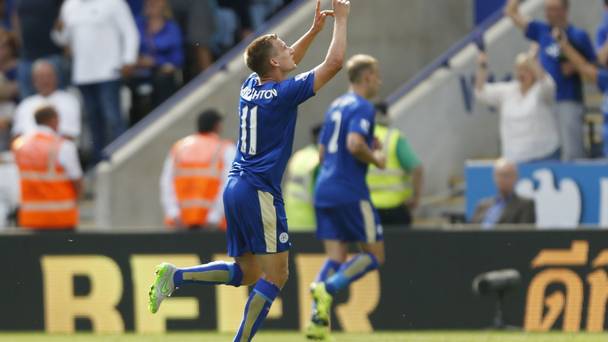 Leicester City's Marc Albrighton celebrates scoring his side's fourth goal during the Barclays Premier League match at the King Power Stadium Leicester last August