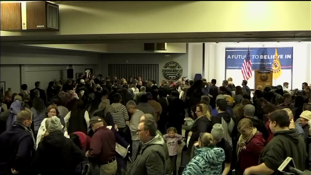 Line of supporters waiting to enter Wisconsin Center in Milwaukee for Bernie Sanders rally