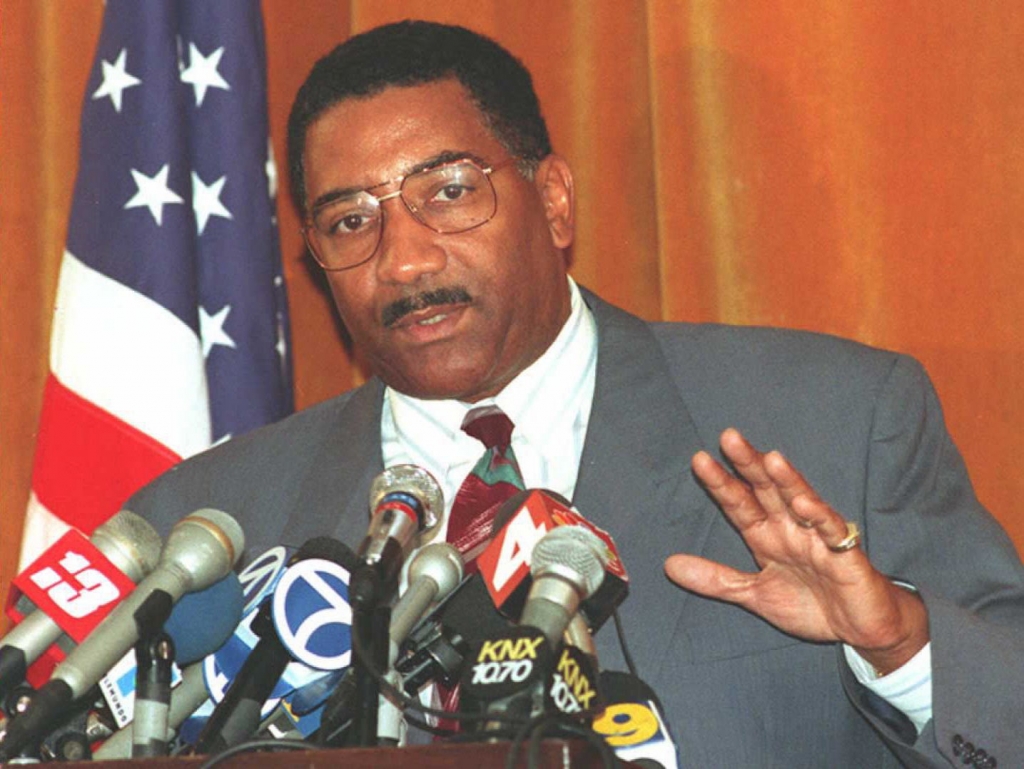 Los Angeles Police Chief Willie Williams speaks at a press conference in 1992