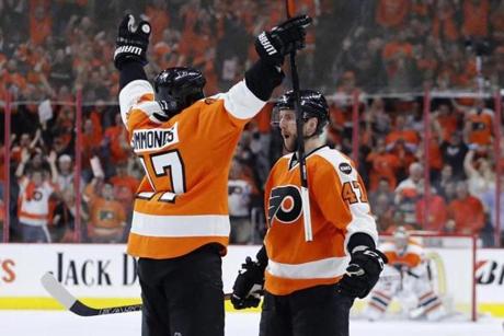 Philadelphia Flyers&apos Wayne Simmonds left and Andrew Mac Donald celebrate after MacDonald's goal during the second period of Game 4 in the first round of the NHL Stanley Cup hockey playoffs against the Washington Capitals Wednesday