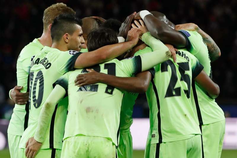 Manchester City celebrate as they peg PSG back to a 2-2 draw