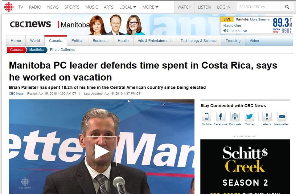 Manitoba Conservative leader defends time spent in Costa Rica says he worked on vacation