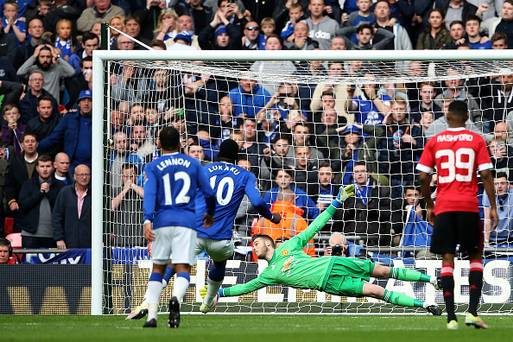 David de Gea of Manchester United saves the penalty of Romelu Lukaku of Everton during the Emirates FA Cup Semi Final match between Everton and Manchester United at Wembley