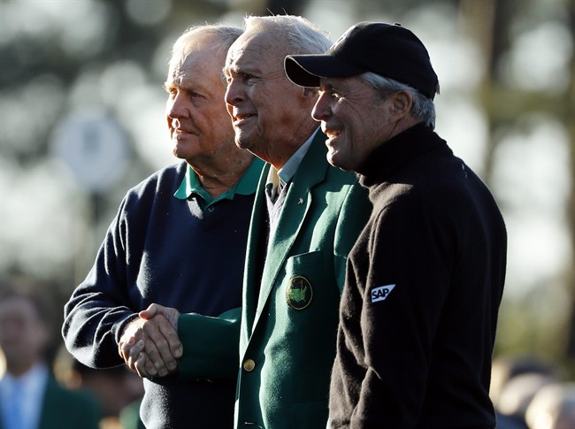 From left Jack Nicklaus Arnold Palmer and Gary Player pose during the ceremonial first tee before the first round of the Masters golf tournament Thursday