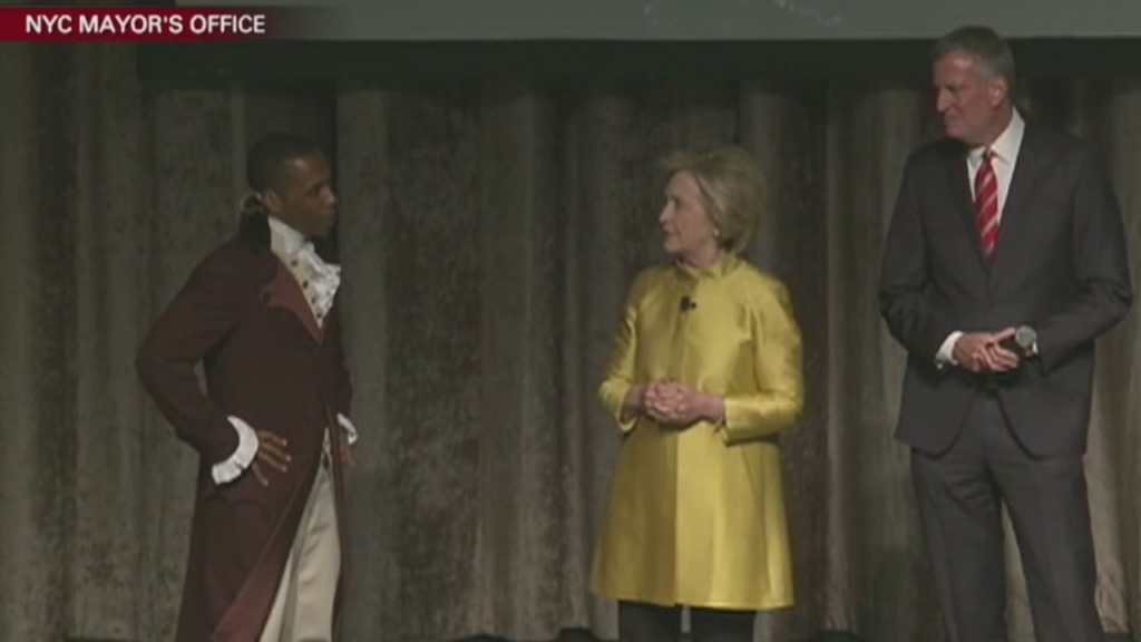 Mayor Bill de Blasio and presidential contender Hillary Clinton took part in a skit Saturday night that included the comment'cp time