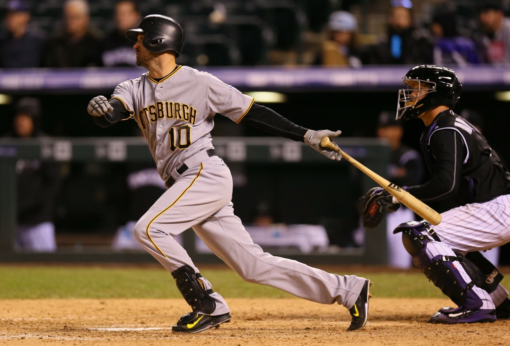 Pittsburgh Pirates v Colorado Rockies-2 Jordy Mercer hits a go-ahead RBI double in the 12th inning as Rockies catcher Nick Hundley looks on at Coors Field on Wednesday