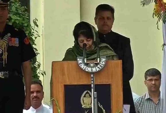 Mehbooba Mufti takes oath as first woman CM of J&K Nirmal Singh becomes Deputy CM