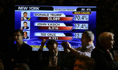 Members of the media await the arrival of Republican presidential candidate Donald Trump to a New York primary night event