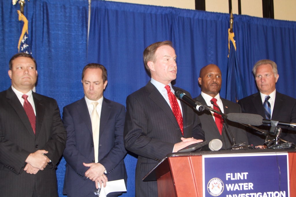 Michigan Attorney General William Schuette at press conference announcing indictments related to Flint water crisis