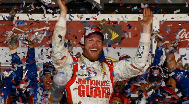 DAYTONA BEACH FL- FEBRUARY 23 Dale Earnhardt Jr. driver of the #88 National Guard Chevrolet celebrates in Victory Lane after winning during the NASCAR Sprint Cup Series Daytona 500 at Daytona International Speedway