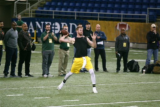 North Dakota State quarterback Carson Wentz is seen during the school's NFL football pro day Thursday