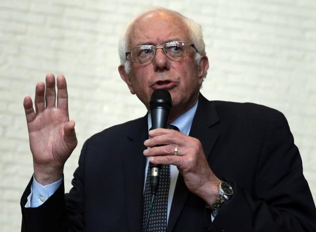 Sen. Bernie Sanders speaks at a campaign stop at the Grand Theatre on Sunday