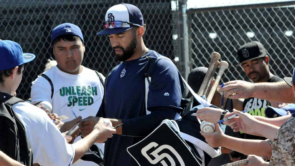 New Padre outfield Matt Kemp attracted a crowd of fans at Spring Training at the Peoria Sports Complex