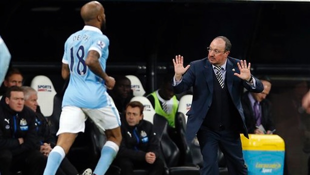 Newcastle United's manger Rafael Benitez right gestures in front of Manchester City's Fabian Delph during their English Premier League soccer match at St James Park Newcastle England. |AP