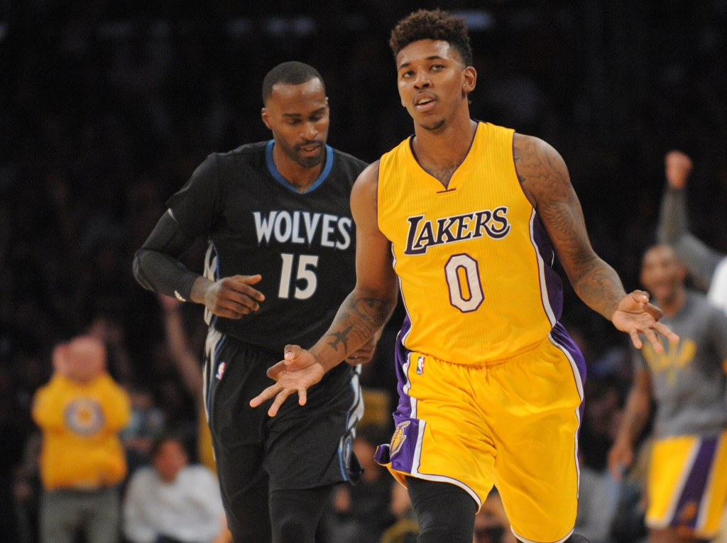 Los Angeles CA USA Los Angeles Lakers forward Nick Young reacts after scoring a three point basket against the Minnesota Timberwolves during the second half at Staples Center. Mandatory Credit Gary A. Vasquez-USA TODAY Sports