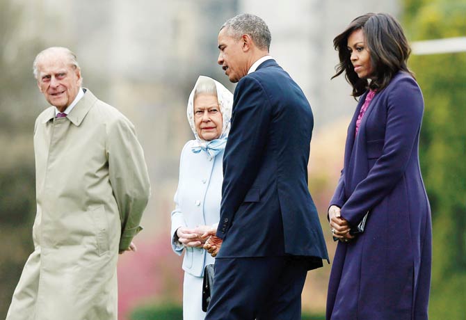 US President Barack Obama and First Lady Michelle Obama are greeted by Britain’s Queen Elizabeth II and Prince Philip Duke of Edinburgh after landing at Windsor Castle yesterday. Pics  AFP