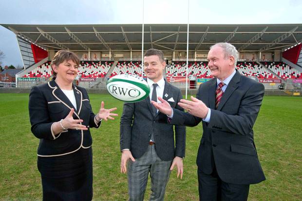 On the ball First Minister Arlene Foster with Brian O’Driscoll and deputy First Minister Martin McGuinness