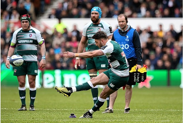 Getty Images Owen Williams kicks a penalty for Tigers during the Champions Cup semi-final VIEW