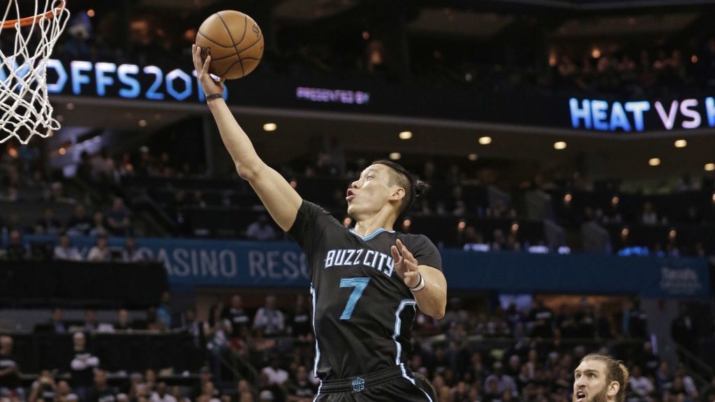 Charlotte Hornets&#039 Jeremy Lin drives to the basket against the Miami Heat during the second half in Game 3 of an NBA basketball playoffs first-round series in Charlotte N.C. Saturday